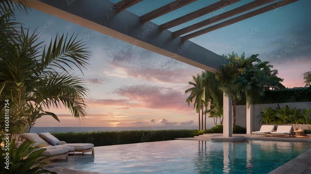 Fototapeta premium Tranquil Poolside at Sunset Under Pastel Skies