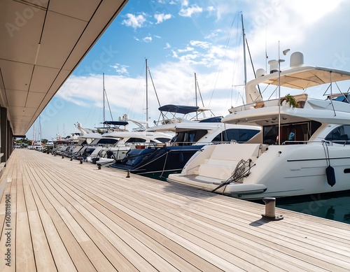 Luxury yachts lined up at a marina dock.  Sunny, light blue sky.  Wooden walkway