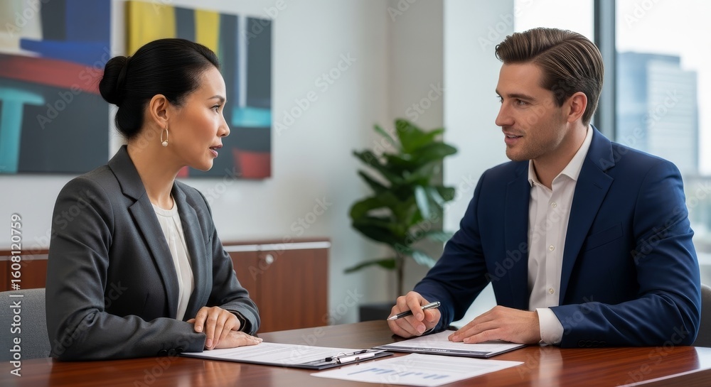 A professional business meeting between a man and woman, discussing documents. A professional business meeting between a man and woman, discussing documents.