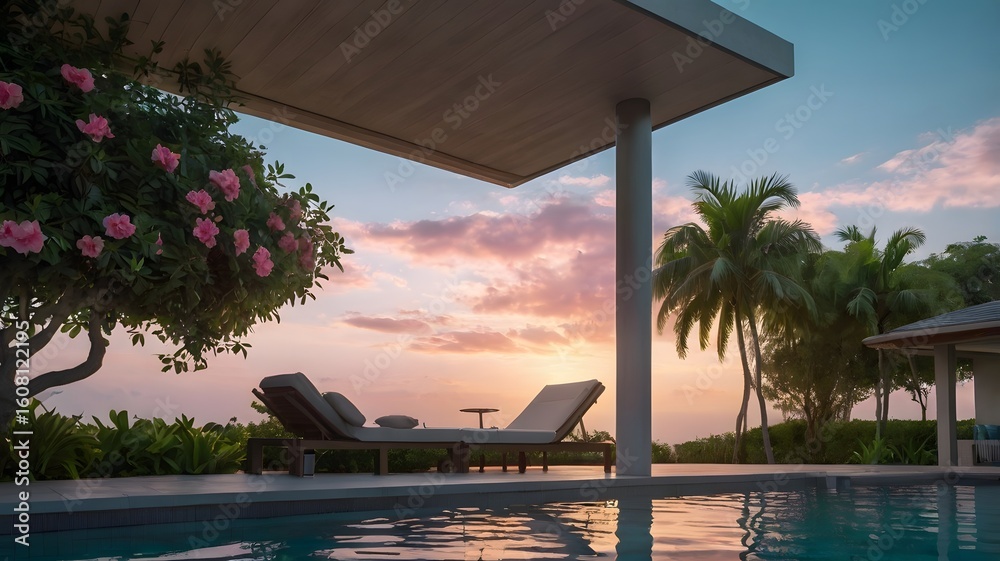 Fototapeta premium Tranquil Poolside at Sunset Under Pastel Skies