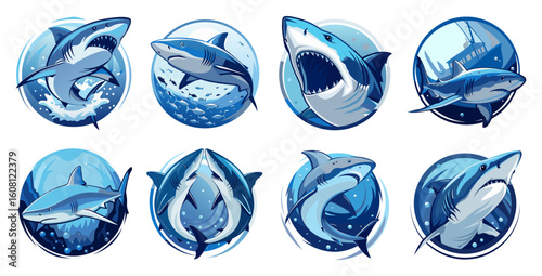A collection of eight stylized blue shark illustrations in circular frames, showcasing dynamic poses and scenes. Ideal for logos, emblems, badges, and ocean-themed branding.