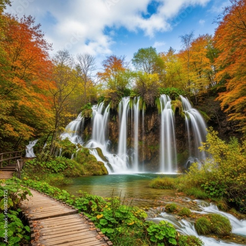 Beautiful cascading waterfall surrounded by vibrant autumn foliage and a wooden walkway in a lush green forest