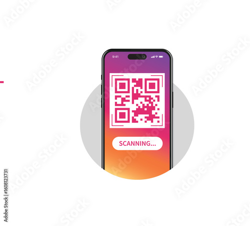 Smartphone with barcode scanning process 3d render, QR code scan smartphone mockup