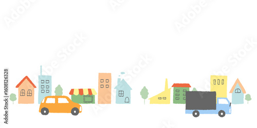 パステルカラーの街並みと車のかわいい手描きイラスト