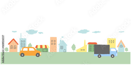 パステルカラーの街並みと車のかわいい手描きイラスト