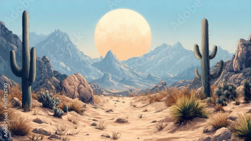 Magnificent Desert Landscape with Majestic Cacti and a Radiant Sun, a Serene Vista