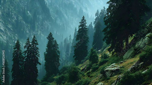 Misty Mountain Forest Landscape: Coniferous Trees