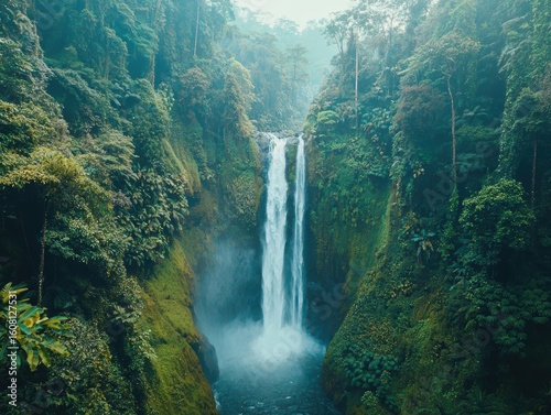 Magnificent tall waterfall cascading down lush green tropical forest surrounded by misty trees and cliffs