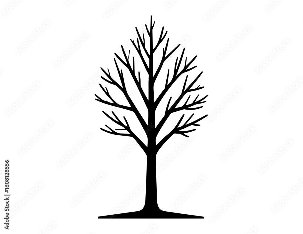 Obraz premium Bare tree black leafless tree stands alone against a white plain background in winter.