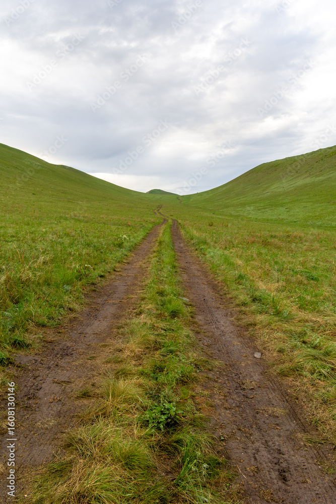 Dirt path winding through lush green hills under a cloudy sky, inviting exploration and adventure in a serene natural landscape with vibrant vegetation Dirt path winding through lush green hills under a cloudy sky, inviting exploration and adventure in a serene natural landscape with vibrant vegetation