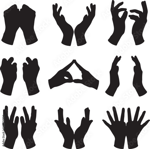Multiple hand gestures silhouettes hands black and white