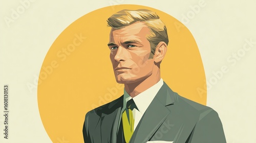 Portrait of a man in a 1960s style suit,  with a light-blonde crew cut and a serious expression against a pale yellow circle background