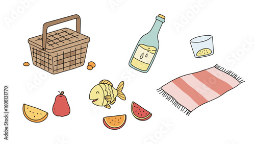 Delightful Picnic Basket Illustration:  Hand-drawn Summertime Treats and Refreshments