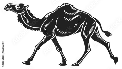 Silhouette of a walking camel with detailed fur and distinct hump in black and white design style