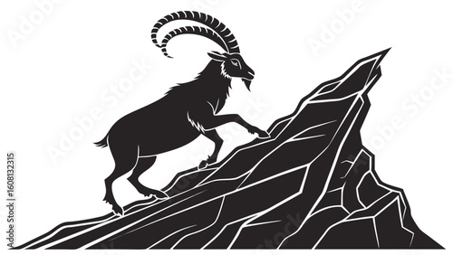 Silhouette of an ibex climbing a rocky mountain with detailed horns and sharp edges in black and white