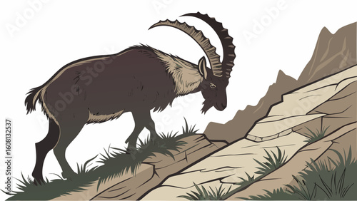 Illustration of an ibex climbing a rocky hillside with mountains in the background on a white backdrop