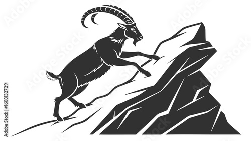Illustration of a mountain goat climbing a rocky mountain in black and white silhouette style design