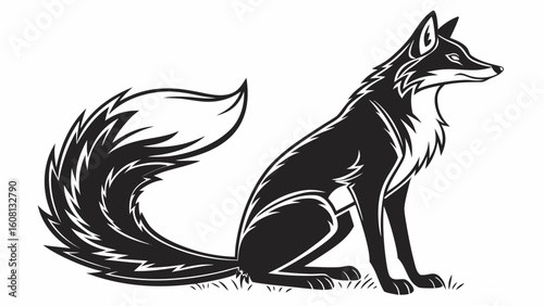 Illustration of a fox sitting with a large tail and pointy ears in black and white design style