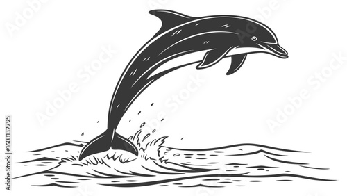 A dolphin leaping out of the water with splashing waves in a black and white sketch illustration