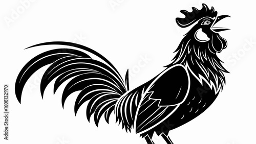 Illustration of a black rooster crowing with detailed tail feathers and comb in a vector format