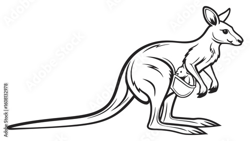 A simple line drawing of a kangaroo with a joey in its pouch on a white background with details