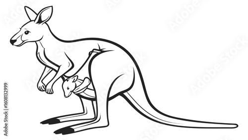 Outlined kangaroo with a joey in its pouch in a black and white illustration style drawing design