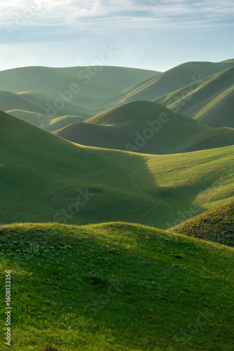 Rolling green hills under a bright sky create a serene landscape, showcasing the beauty of nature with gentle slopes and vibrant grass, inviting exploration and tranquility