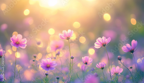 Pink Cosmos Flowers in a Field at Sunset