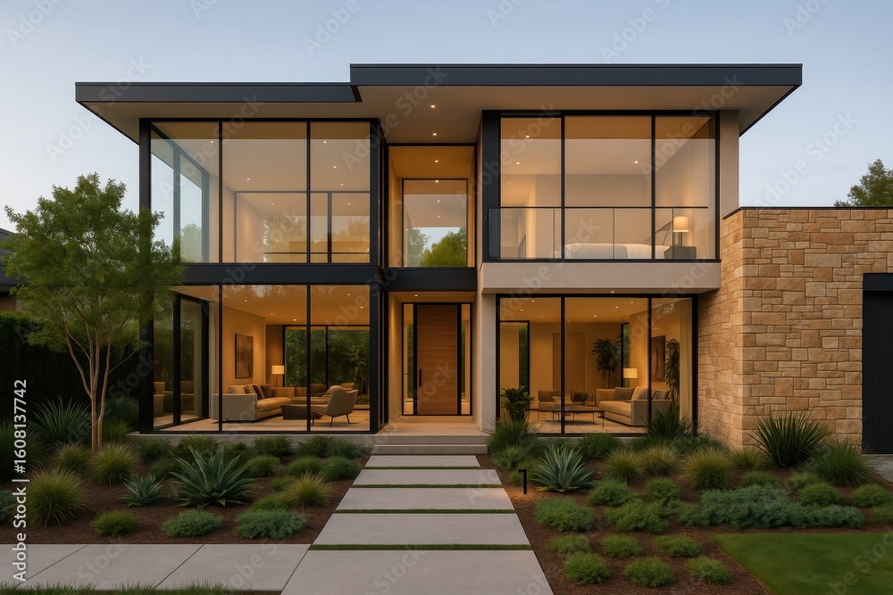 Fototapeta premium Contemporary suburban home with expansive glass walls and landscaped garden showcasing modern architectural design