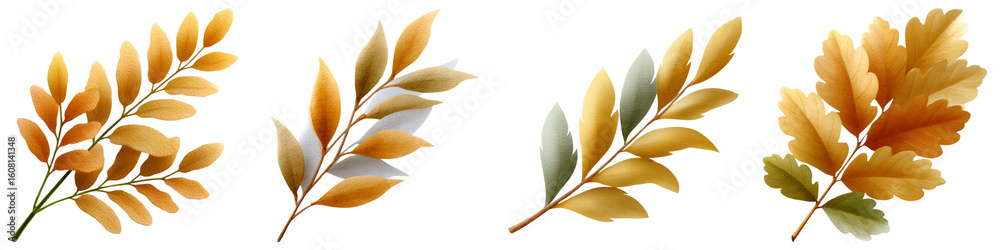 Obraz premium Four artistic autumn leaves featuring shades of gold, orange, and green with detailed textures and elegant shapes.