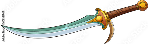 Illustration of a scimitar sword, which has a curved blade that is very effective for attacks. A typical Middle Eastern sword.