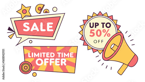 Promotional sale banner vector design with limited time offer and up to fifty percent off discount label
