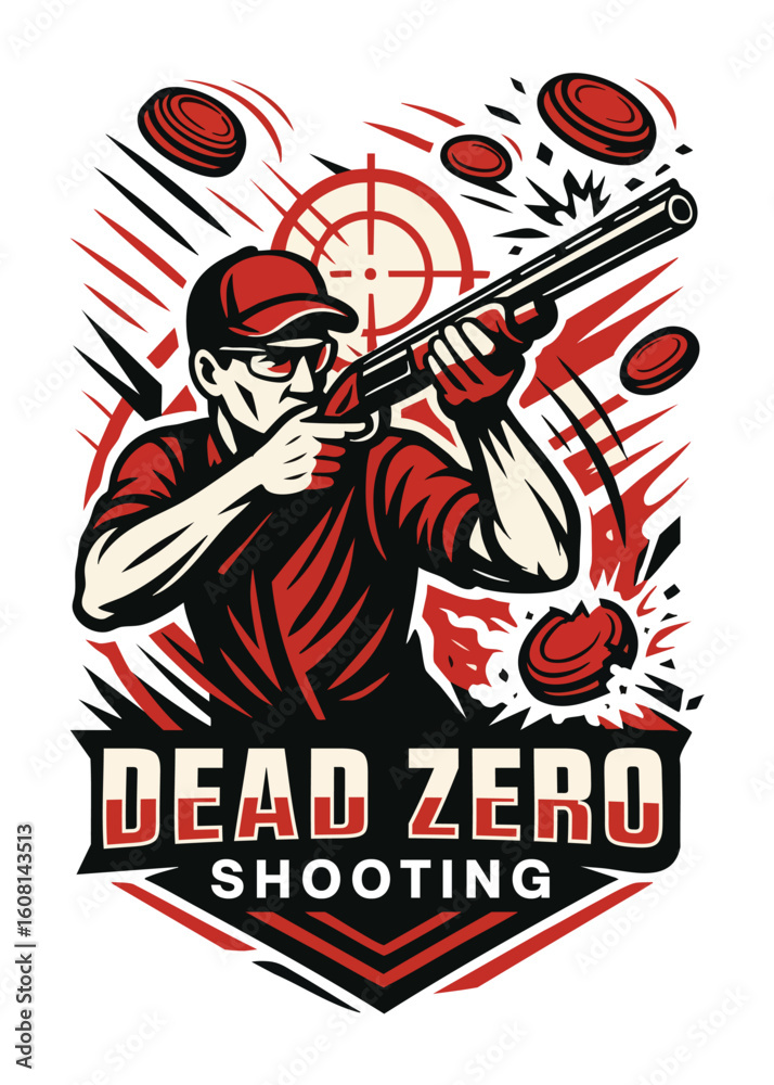 Fototapeta premium Sporting Clay Shooter Vector Illustration – Bold Red, Black & White Design