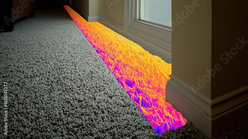 Thermal imaging reveals carpet moisture near window