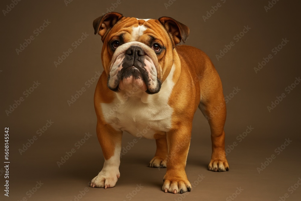 Fototapeta premium Stocky English bulldog with wrinkled face and muscular build posing confidently against clean white studio background