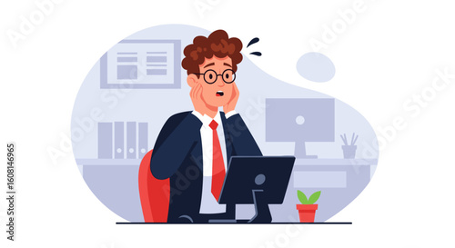 Surprised businessman at his computer, perfect for illustrating stress, deadlines, or unexpected news in business contexts.