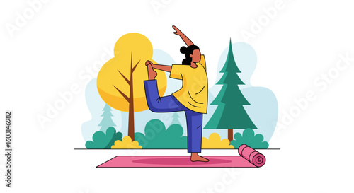 Woman practicing yoga outdoors, perfect for wellness websites or brochures.