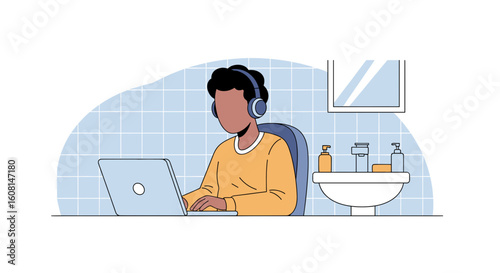 Person working on laptop in bathroom, ideal for articles on remote work or work-life balance.