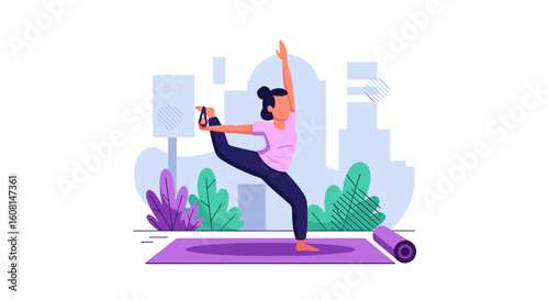 Woman doing yoga outdoors, perfect for wellness websites or fitness brochures.