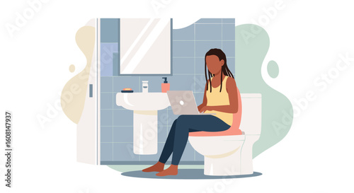 Woman working on laptop in bathroom - perfect for articles about work-life balance or remote work.