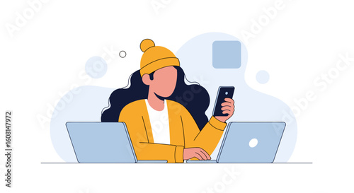 Young woman working on laptop and phone, perfect for website banners or blog posts about remote work, technology, or productivity.