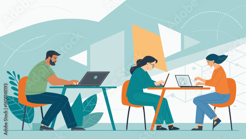 Diverse team collaborating on laptops in modern office, ideal for website or presentation.