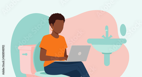 Illustration of a woman working on her laptop while sitting on a toilet, perfect for articles about work-life balance or modern life.