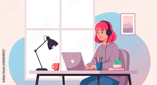 Young woman working from home on laptop, perfect for remote work, freelance, or online learning websites.
