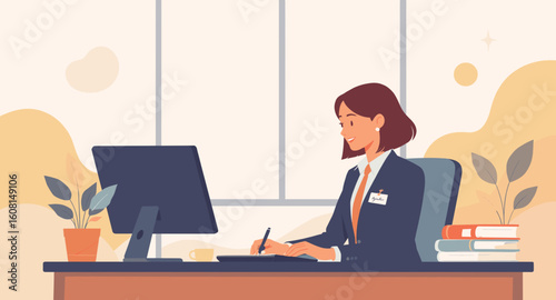 Smiling businesswoman working at her desk in modern office. Perfect for website banners, brochures, and business presentations.