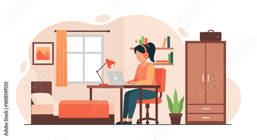 Woman working from home on laptop, illustration for remote work, freelance, or online education.