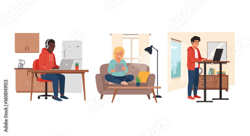 Diverse people working from home: laptop, tablet, standing desk. Ideal for remote work, work-life balance, and technology articles.