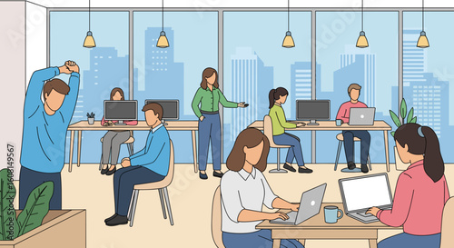 Modern office workers collaborating and taking breaks, ideal for website landing pages or brochures about workspace design.