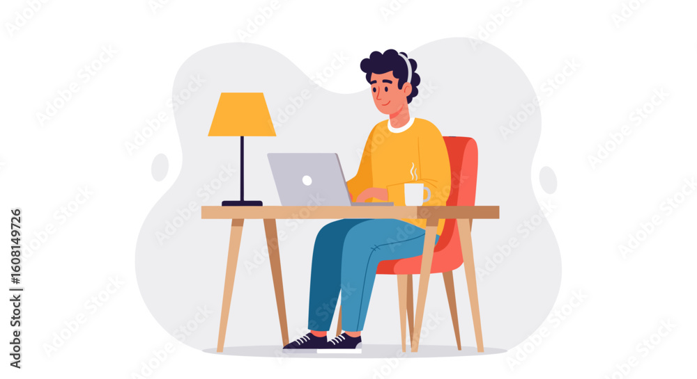 Fototapeta premium Young man working on laptop from home, ideal for remote work or freelance blogs.