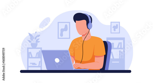 Person working from home on laptop with headphones, ideal for blog posts about remote work or online learning.